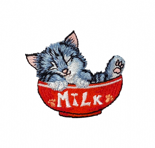 Gray Kitty Cat in Milk Bowl